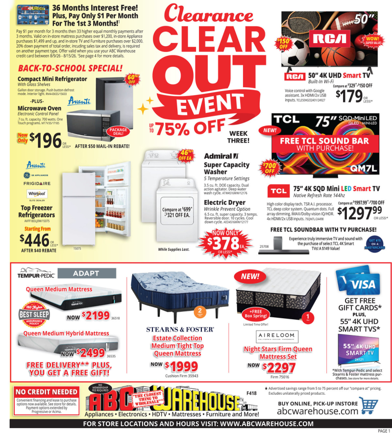 ABC WAREHOUSE weekly ad Aug 9 – Aug 15, 2026 – page 1