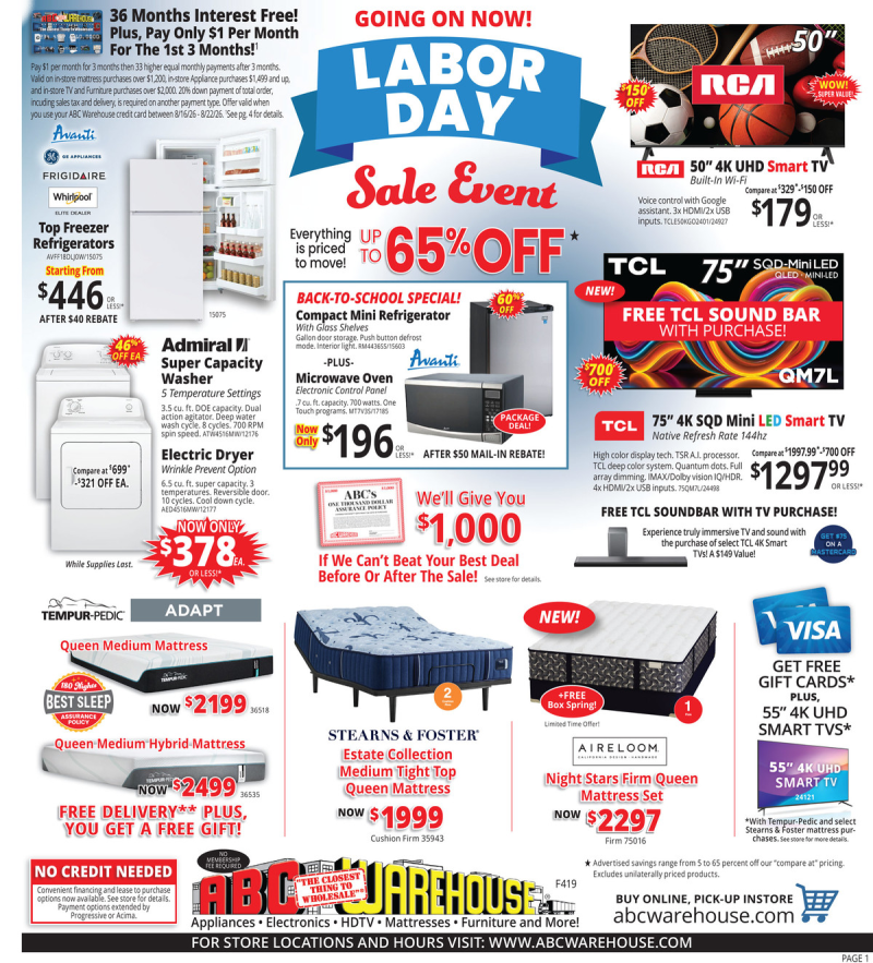 ABC WAREHOUSE weekly ad Aug 16 – Aug 22, 2026 – page 1
