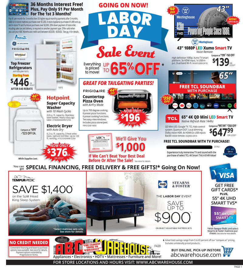 ABC WAREHOUSE weekly ad Aug 23 – Aug 29, 2026 – page 1