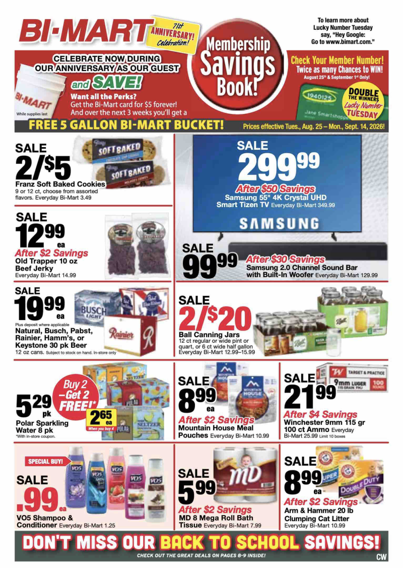 BI-MART weekly ad Aug 25 – Sep 27, 2026 – page 1