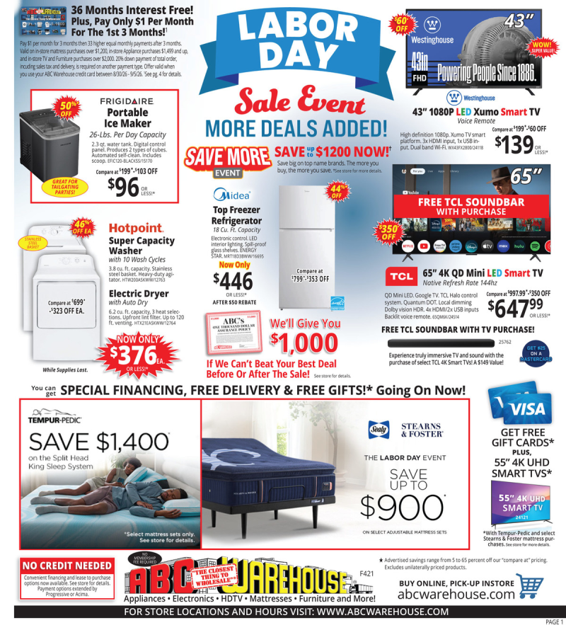 ABC WAREHOUSE weekly ad Aug 30 – Sep 5, 2026 – page 1