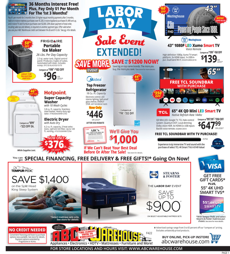 ABC WAREHOUSE weekly ad Sep 6 – Sep 12, 2026 – page 1