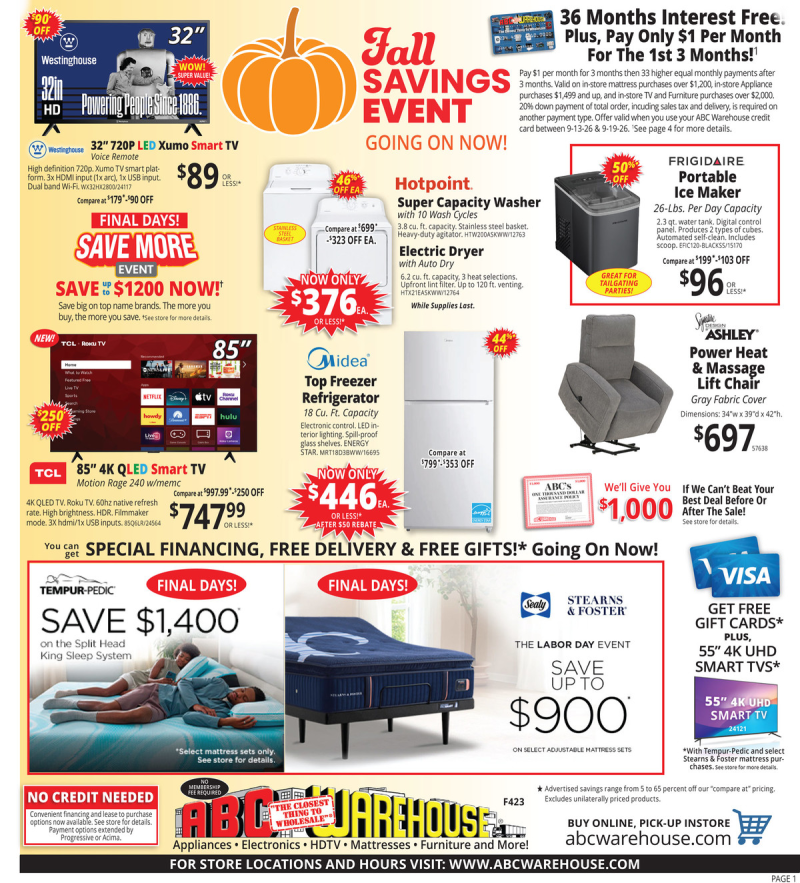 ABC WAREHOUSE weekly ad Sep 13 – Sep 19, 2026 – page 1