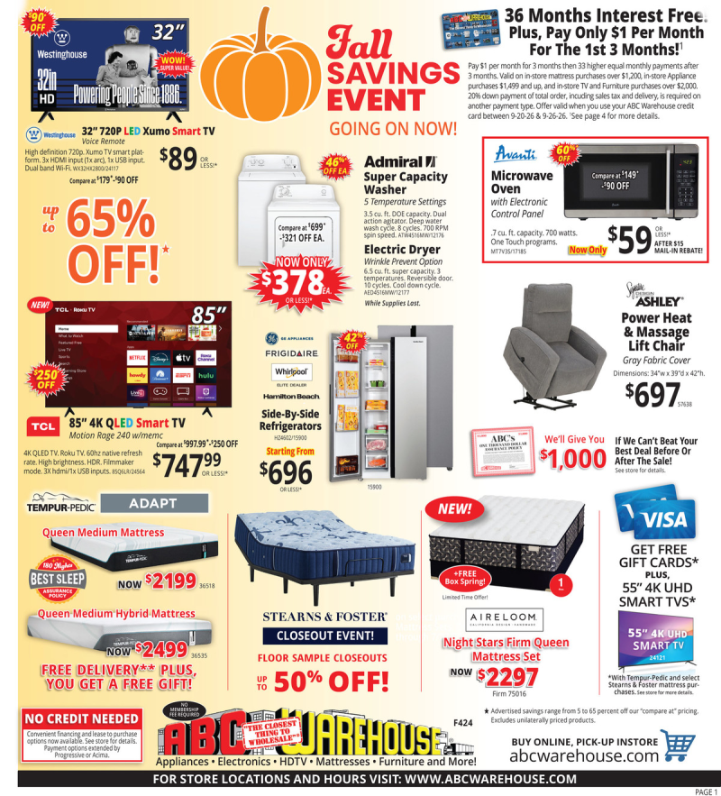 ABC WAREHOUSE weekly ad Sep 20 – Sep 26, 2026 – page 1
