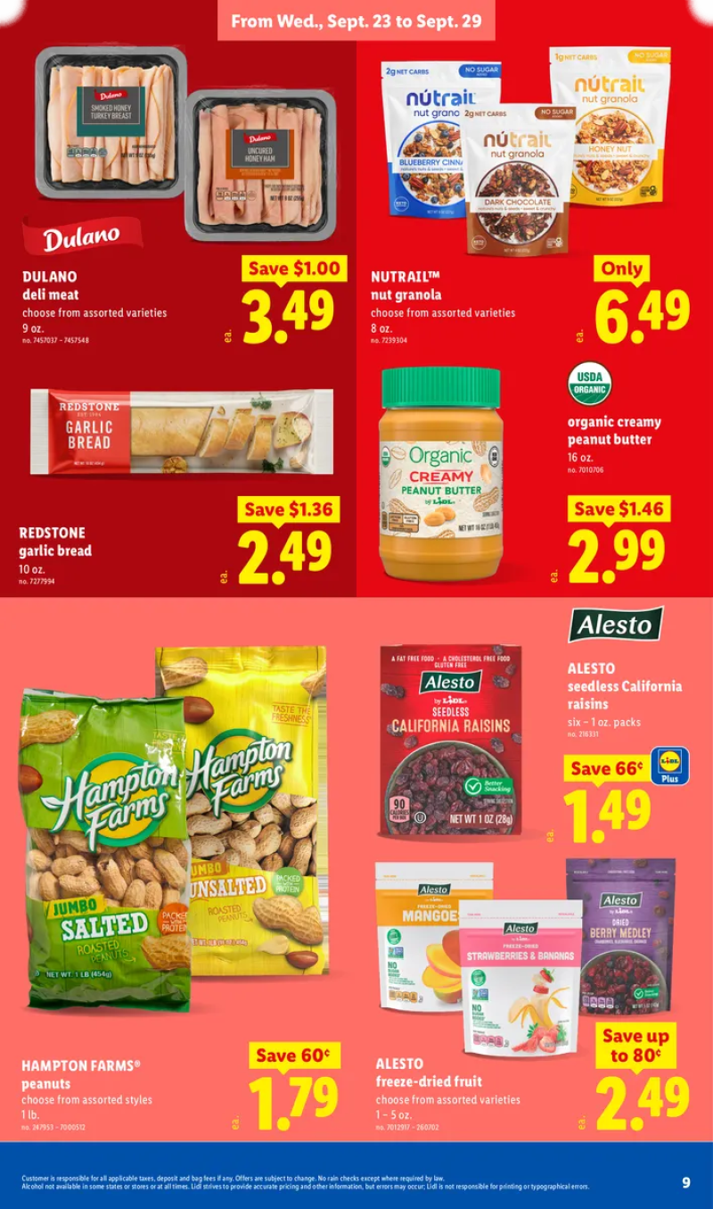 Lidl deli and pantry deals featuring Dulano deli meat, garlic bread, nut granola, California raisins, organic peanut butter, freeze-dried fruit, and peanuts.