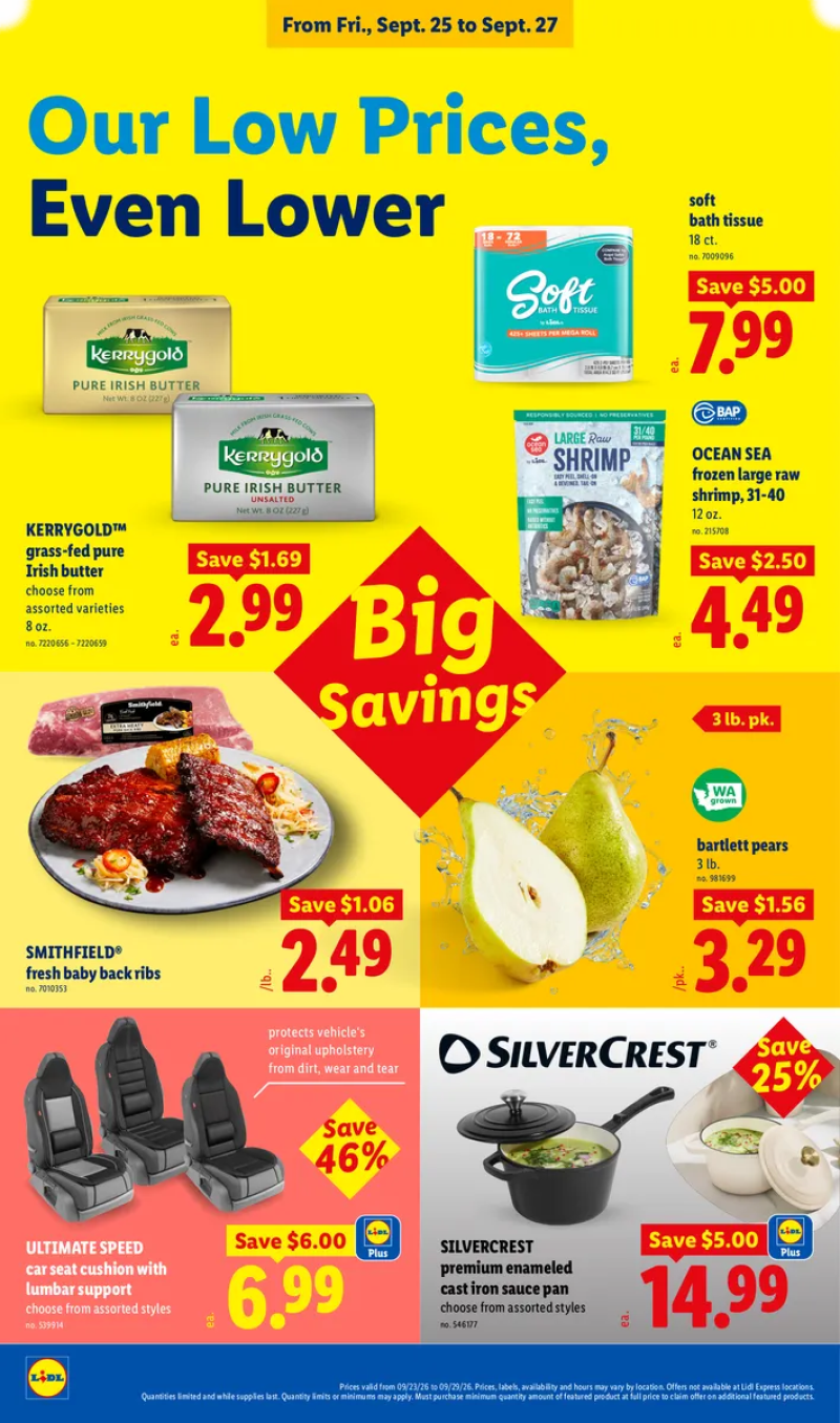 Lidl weekend super deals featuring fresh baby back ribs, enameled cast iron sauce pans, car seat cushions, frozen raw shrimp, bath tissue, Irish butter, and Bartlett pears.