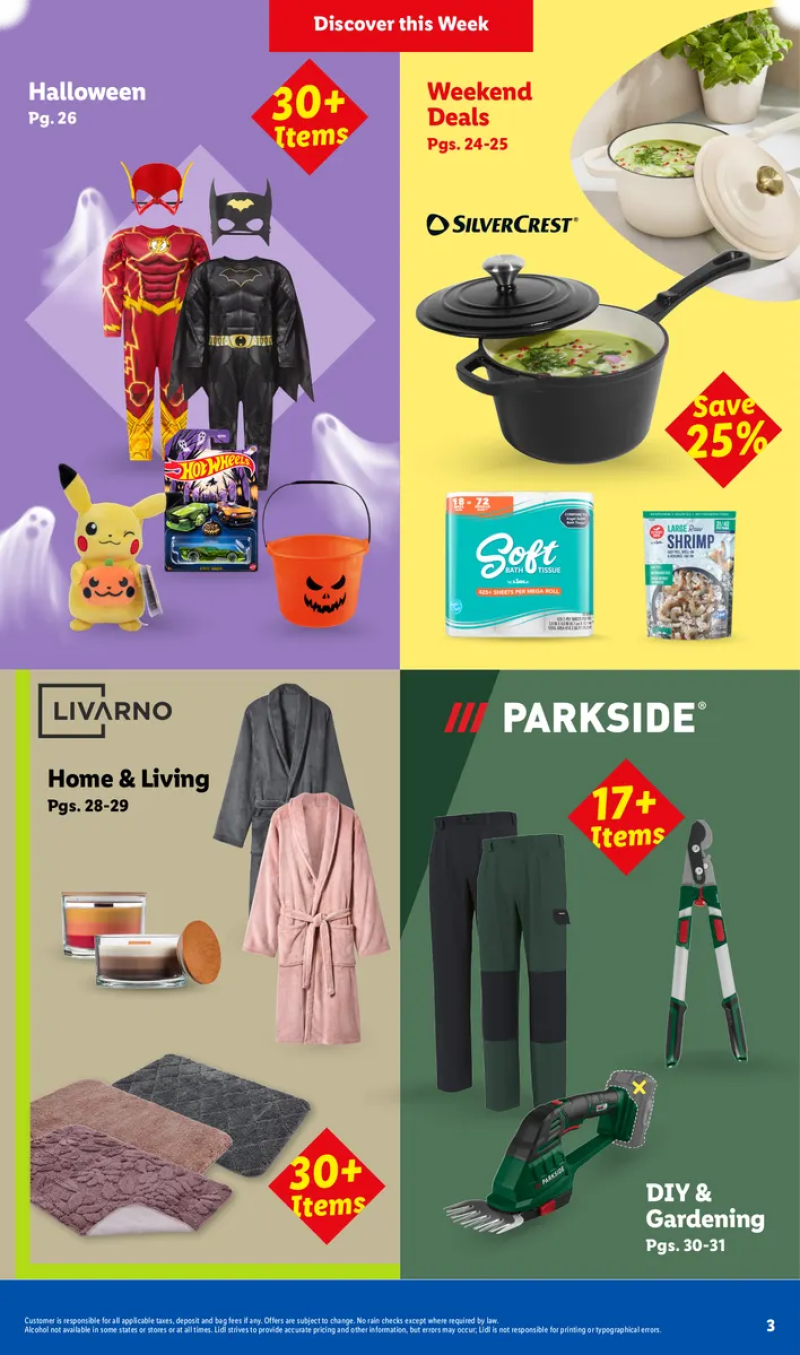 Lidl weekly ad table of contents highlighting home and living, XXL deals, DIY gardening, and Halloween weekend specials.