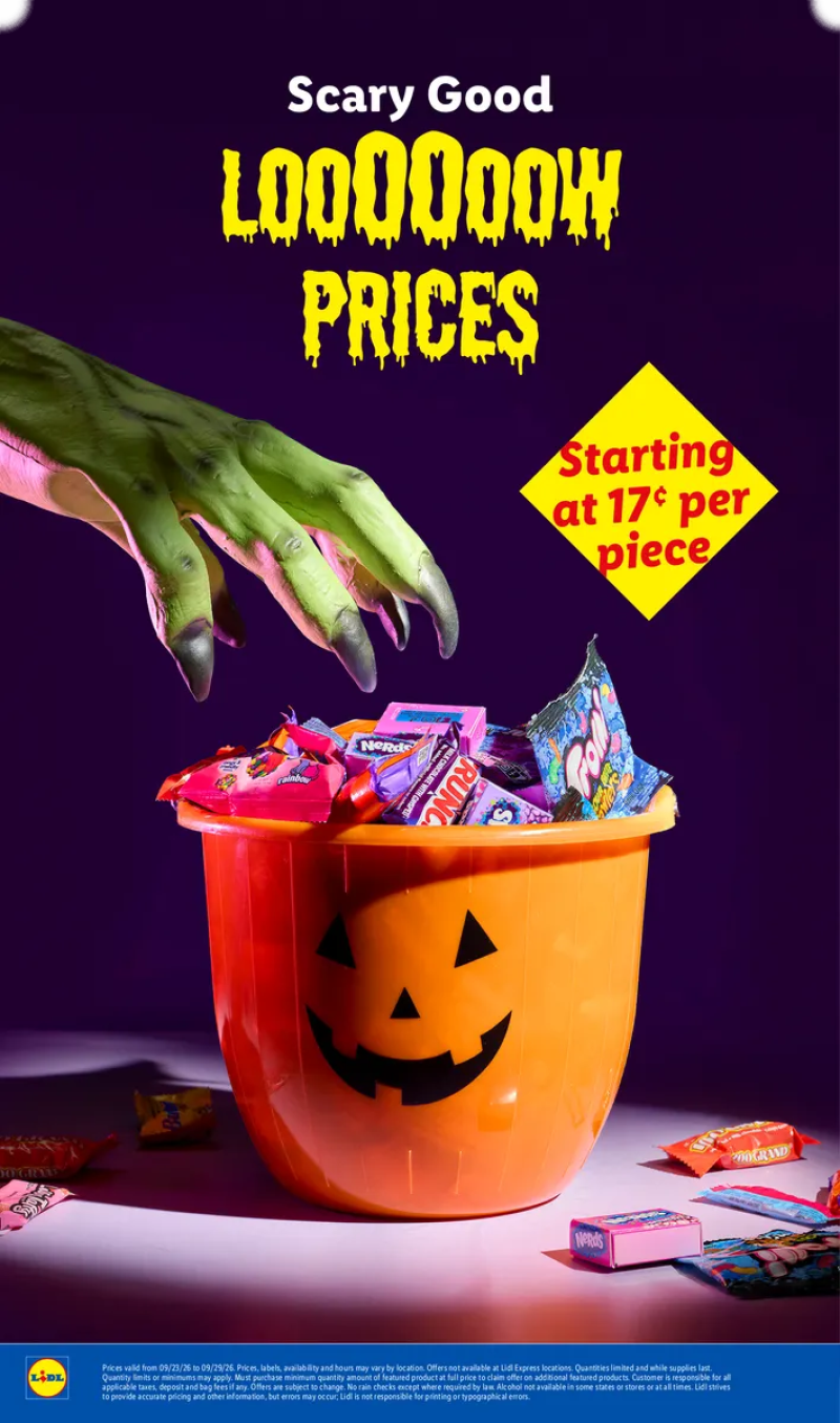 Lidl back cover featuring promotional text for "Scary Good Low Prices" on select items.