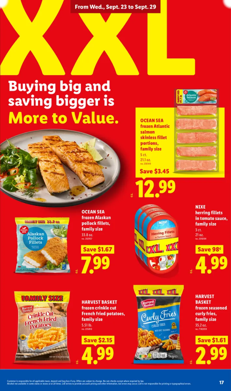 Lidl XXL frozen food and seafood deals featuring crinkle cut French fries, seasoned curly fries, Atlantic salmon fillets, herring fillets, and Alaskan pollock.