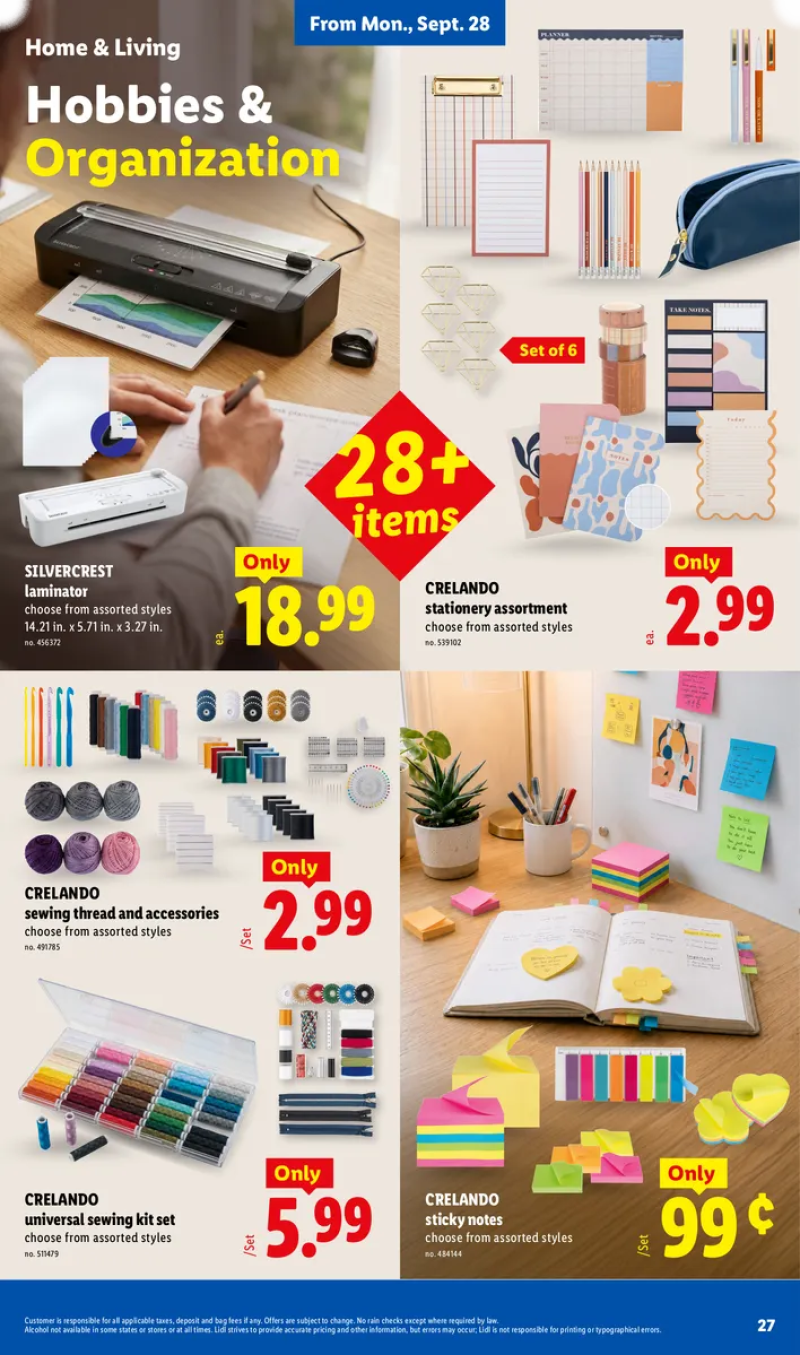 Lidl home office and hobby deals featuring laminators, sewing thread kits, stationery assortments, and sticky notes.