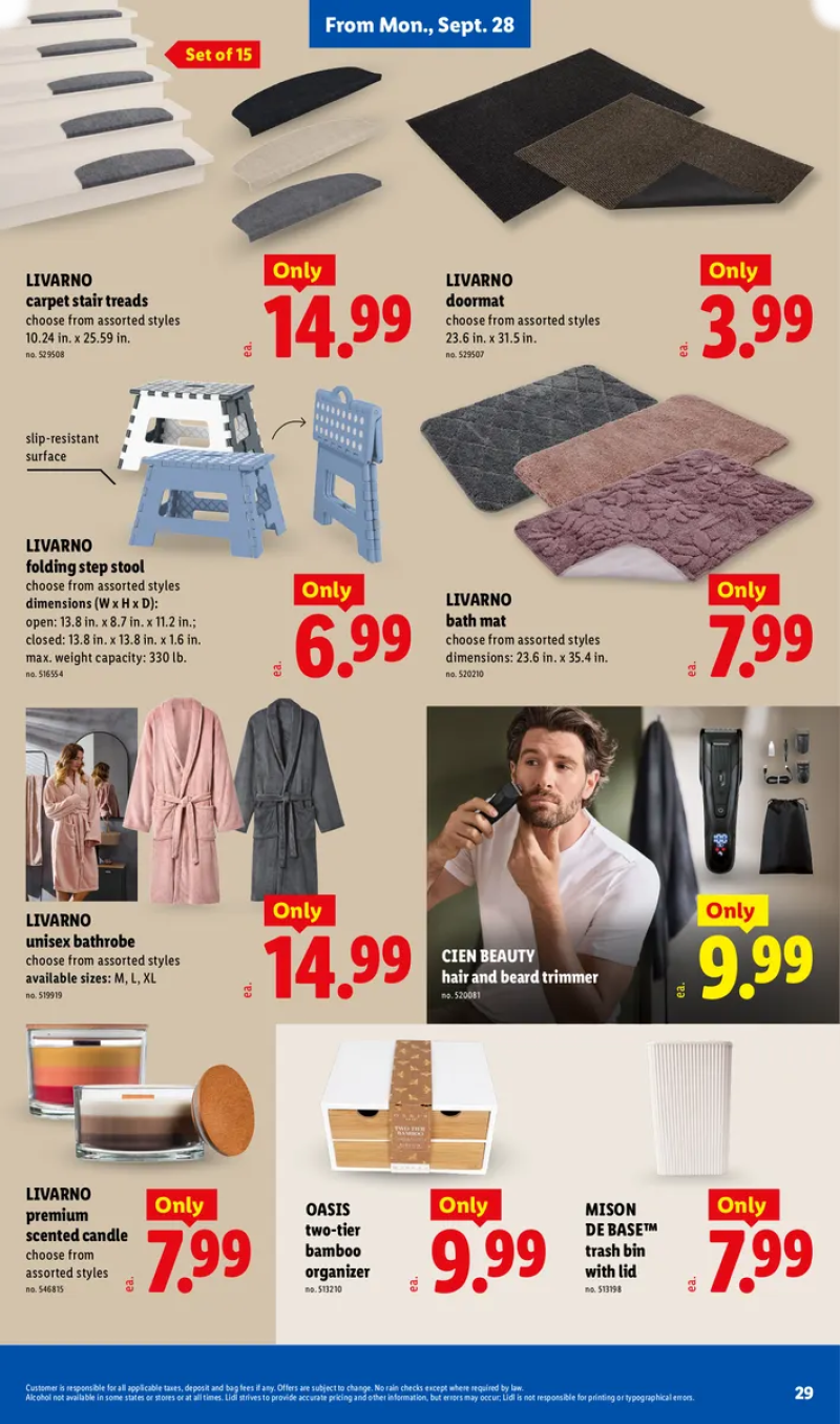 Lidl home and bath deals featuring scented candles, bamboo organizers, bath mats, doormats, stair treads, hair and beard trimmers, unisex bathrobes, folding step stools, and trash bins.