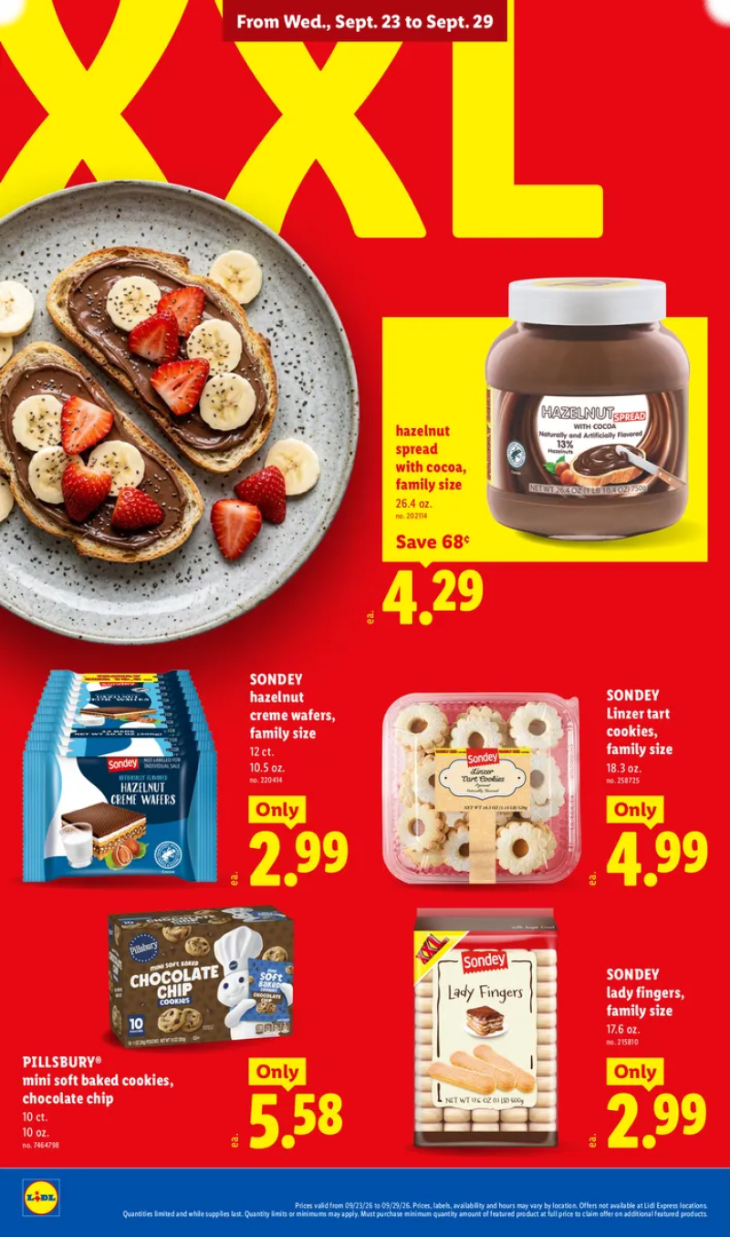 Lidl XXL bakery and sweet treat deals featuring lady fingers, Linzer tart cookies, mini soft baked chocolate chip cookies, hazelnut spread, and cocoa cream wafers.