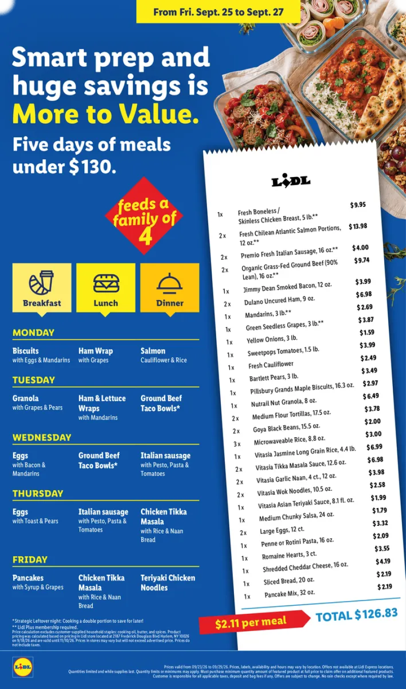 Lidl meal planning guide featuring a weekly menu planner and shopping list using fresh ingredients and pantry staples.