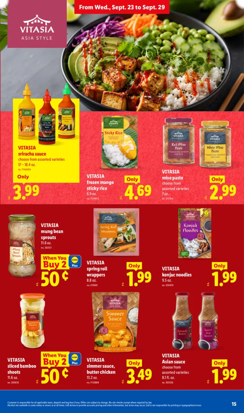 Lidl Taste of Asia deals featuring Vitasia mung bean sprouts, spring roll wrappers, konjac noodles, bamboo shoots, butter chicken simmer sauce, frozen mango sticky rice, miso paste, and sriracha.