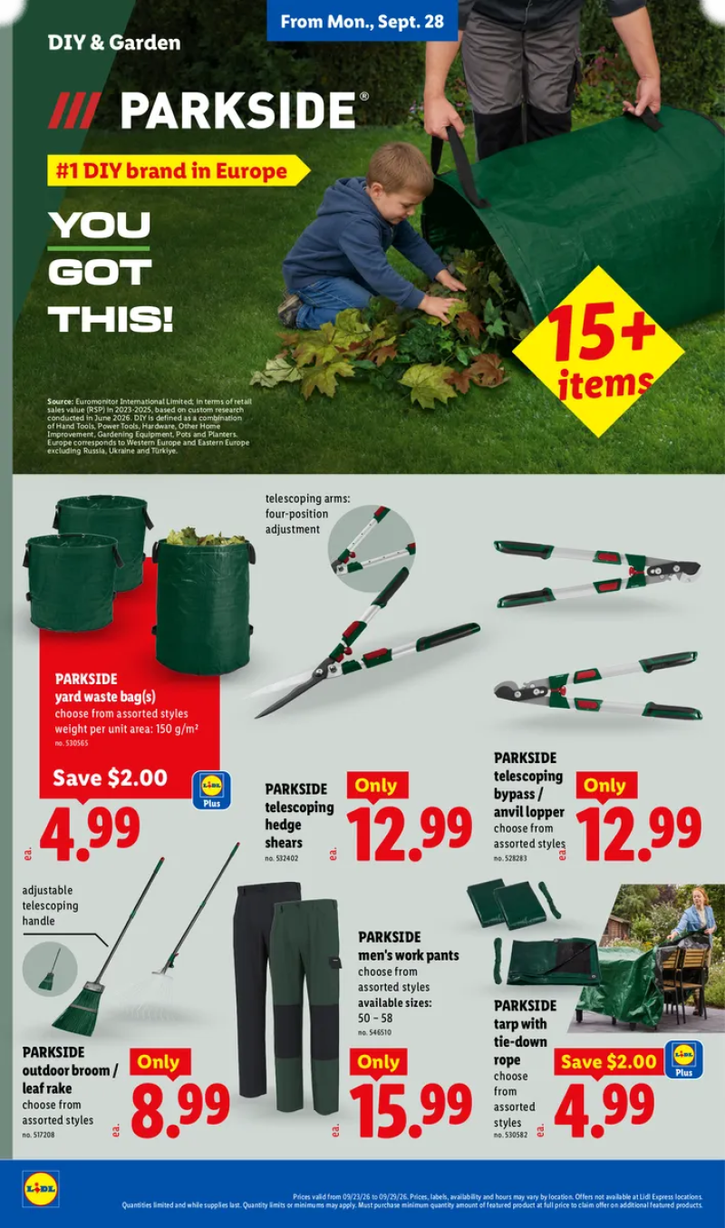 Lidl DIY gardening deals featuring Parkside yard waste bags, tarps, tie ropes, bypass loppers, outdoor brooms, leaf rakes, men's work pants, and hedge shears.