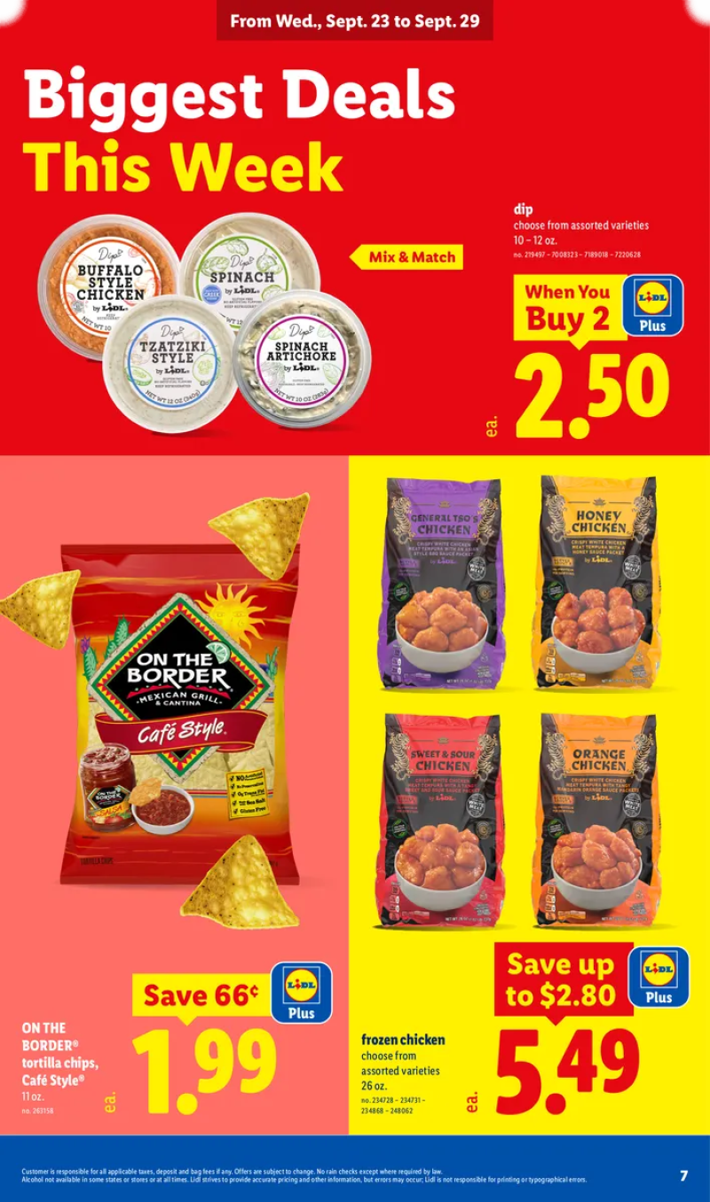 Lidl snack and frozen food deals featuring frozen chicken, dip, and Border tortilla chips.