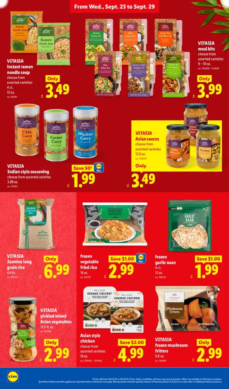 Lidl Taste of Asia deals featuring Vitasia instant ramen noodle soup, Indian style seasoning meal kits, frozen vegetable fried rice, garlic naan, mushroom fritters, Asian chicken, and jasmine rice.