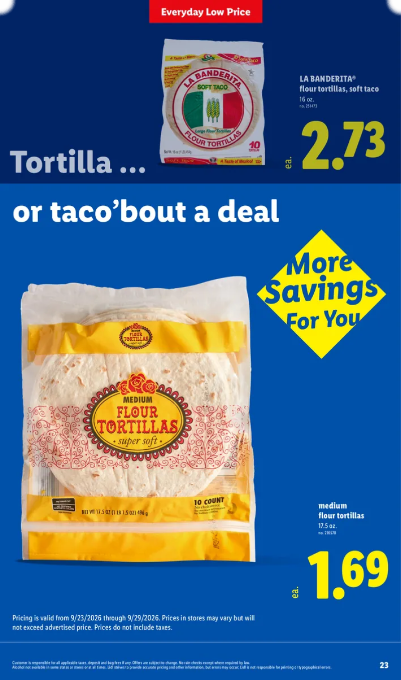 Lidl everyday low price deals featuring medium flour tortillas and soft taco shells.