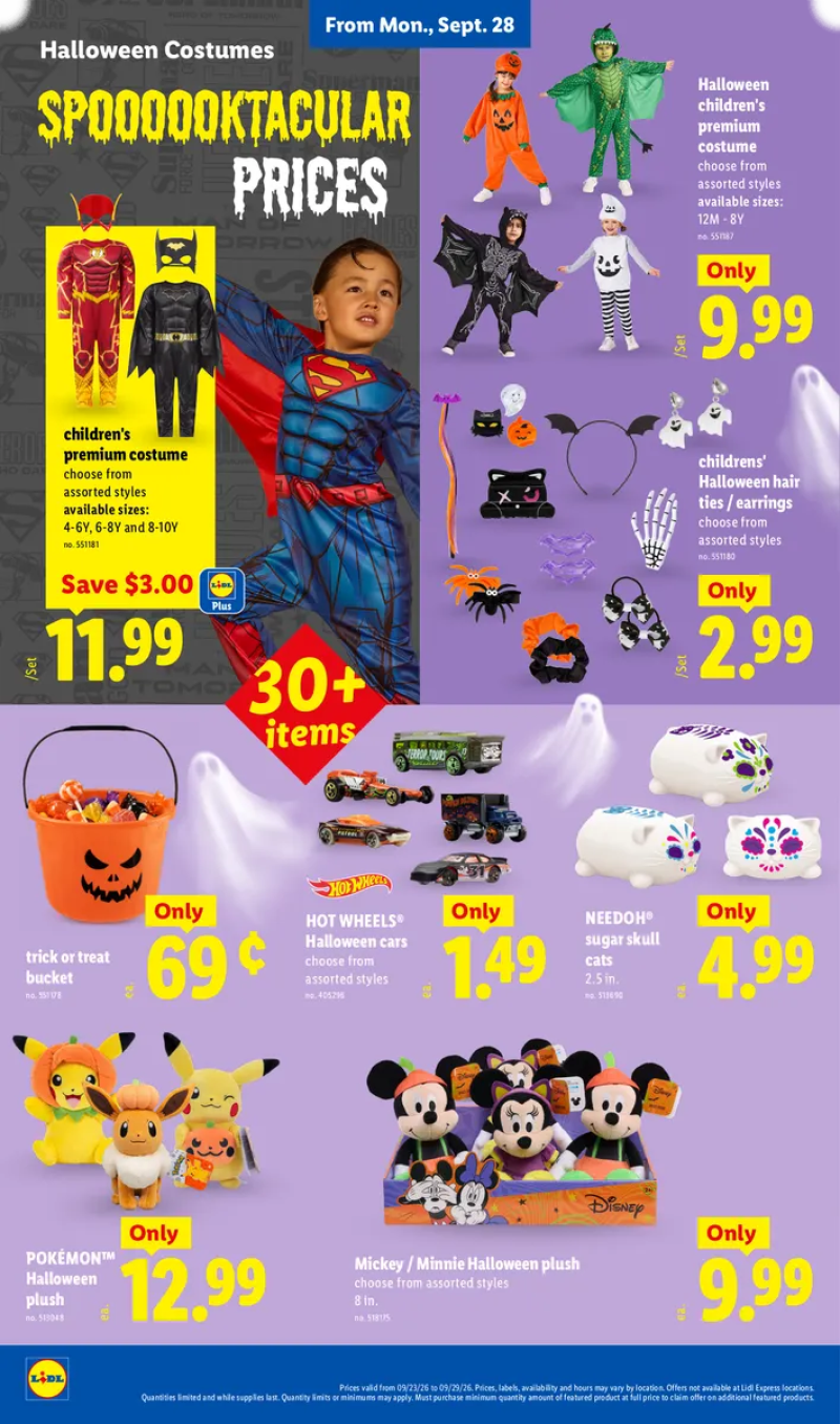 Lidl Halloween deals featuring children's premium costumes, Halloween toy cars, Pokémon plush toys, sugar skull cats, trick-or-treat buckets, and hair accessories.