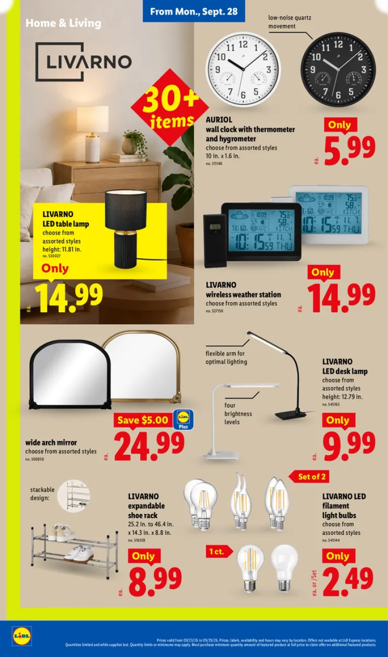 Lidl home and living deals featuring wall clocks, wireless weather stations, LED light bulbs, desk lamps, arch mirrors, and expandable shoe racks.
