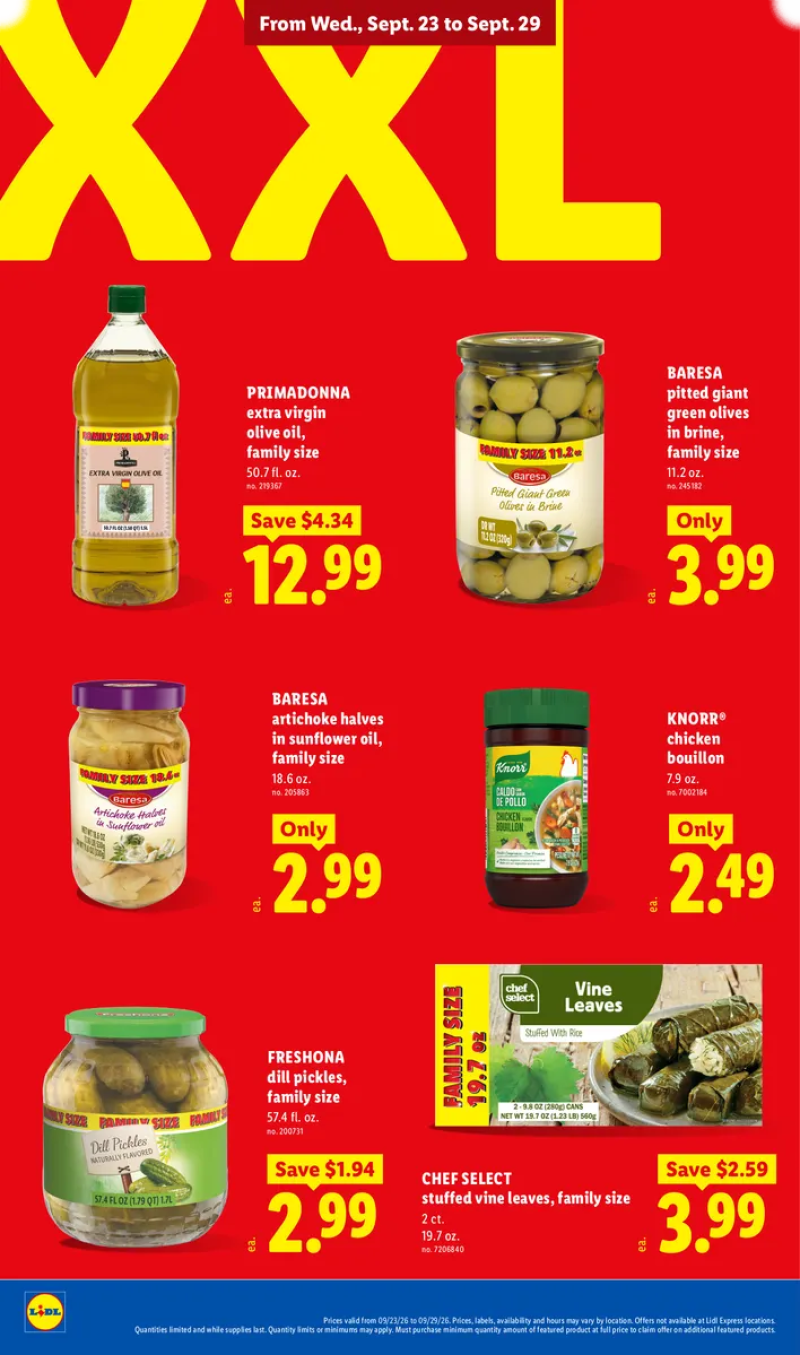 Lidl XXL pantry deals featuring extra virgin olive oil, giant green olives, artichoke halves, dill pickles, chicken bouillon, and stuffed vine leaves.