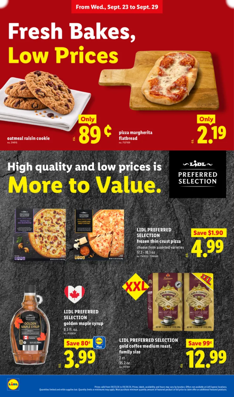 Lidl bakery and pantry deals featuring oatmeal raisin cookies, Margherita flatbread, maple syrup, frozen thin crust pizza, and medium roast coffee.