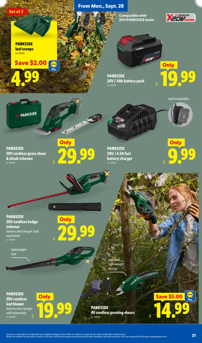 Lidl Parkside power tool and garden deals featuring leaf scoops, fast battery chargers, cordless grass shears and shrub trimmers, and pruning shears.