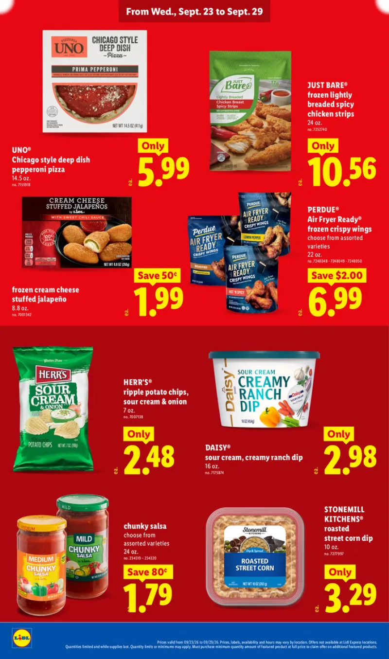 Lidl frozen food and snack deals featuring deep dish pepperoni pizza, frozen spicy chicken strips, crispy chicken wings, cream cheese stuffed jalapeños, potato chips, ranch dip, street corn, and chunky salsa.