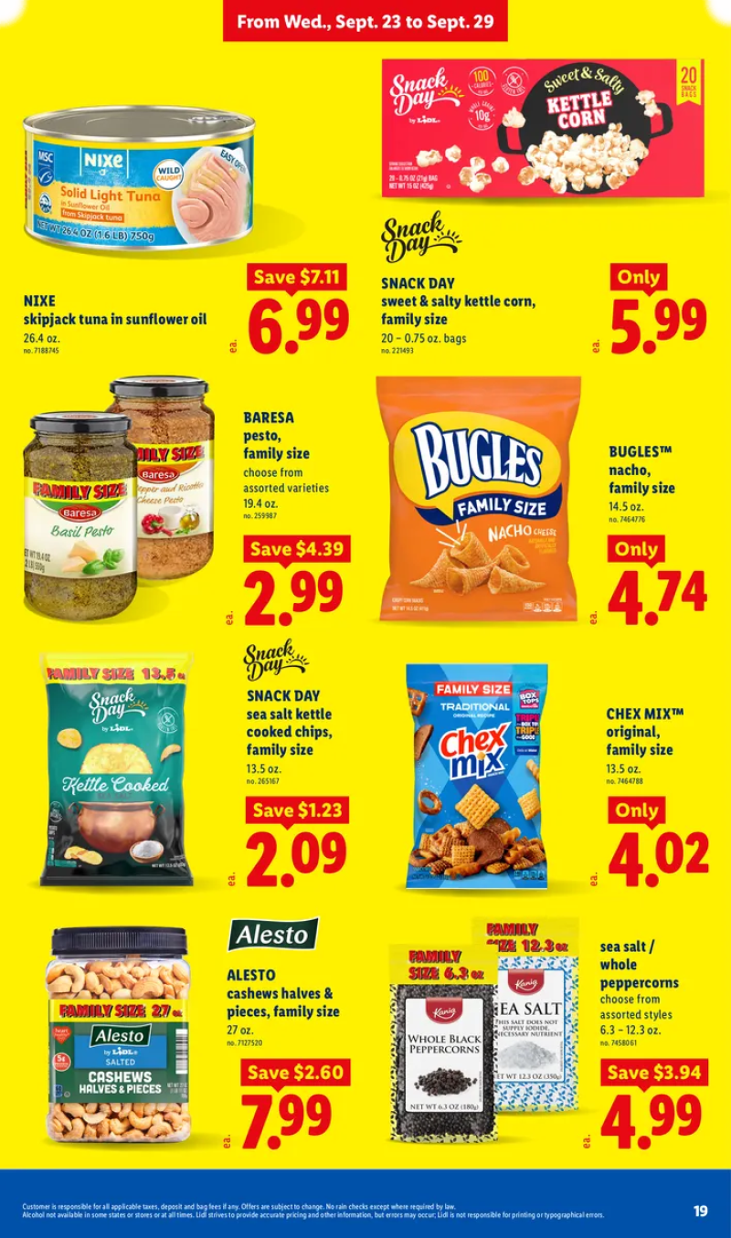 Lidl XXL snack and pantry deals featuring kettle cooked chips, Chex Mix, Bugles, cashews, peppercorns, sweet and salty corn, skipjack tuna, and pesto.