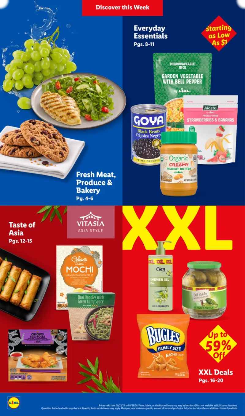 Lidl weekly ad table of contents highlighting XXL deals, fresh meat, produce, bakery, everyday essentials, and Taste of Asia products.