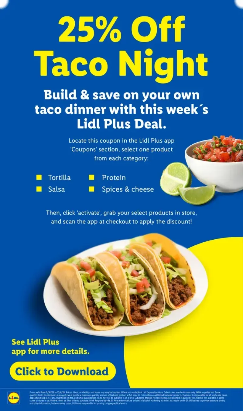Lidl app promotion showing how to download, activate coupons, and save 25% on taco night ingredients.