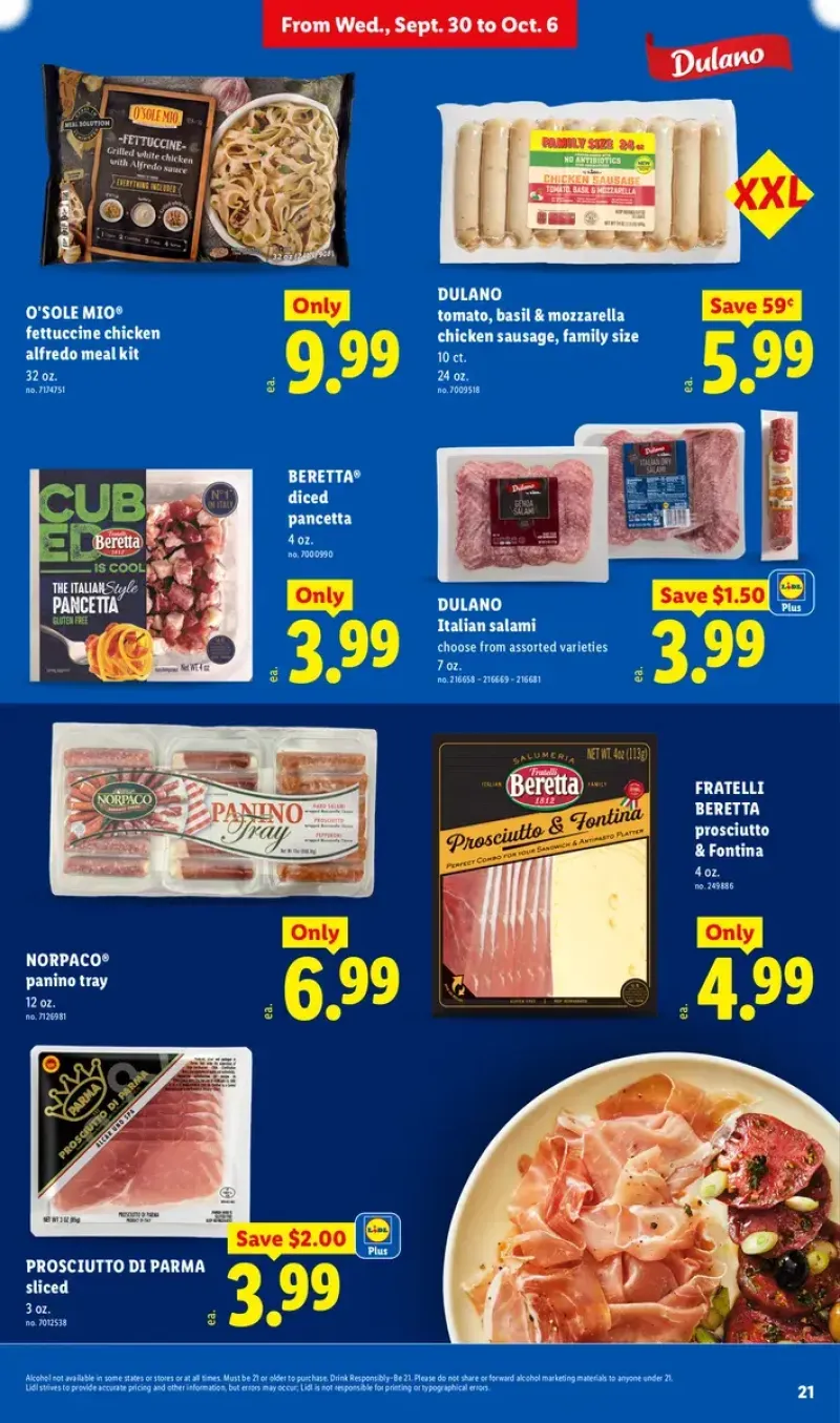 Italian deli and meat selections including diced pancetta, chicken alfredo meal kits, prosciutto, and salami trays.