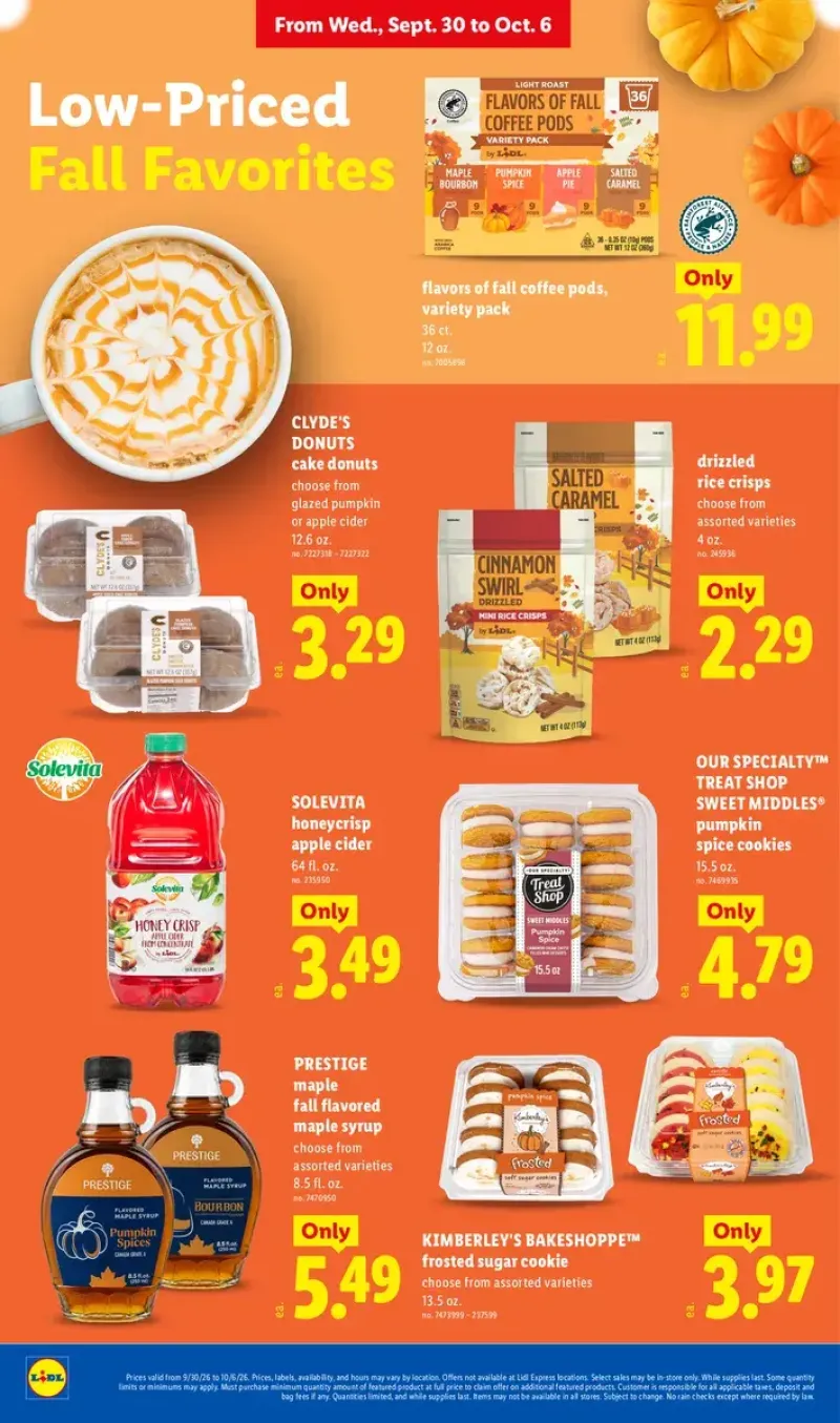 Fall-themed sweet treats and bakery items including apple cider, pumpkin donuts, spice cookies, maple syrup, and flavored coffee pods.