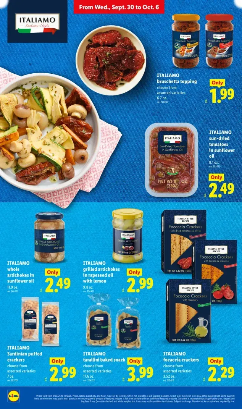 Italiamo brand Italian pantry items including sun-dried tomatoes, bruschetta topping, artichokes, and tarallini baked snacks.