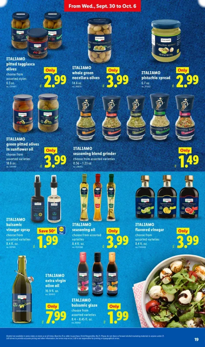Italiamo brand Italian condiments and spreads including green pitted olives, balsamic vinegar spray, flavored olive oil, and pistachio spread.