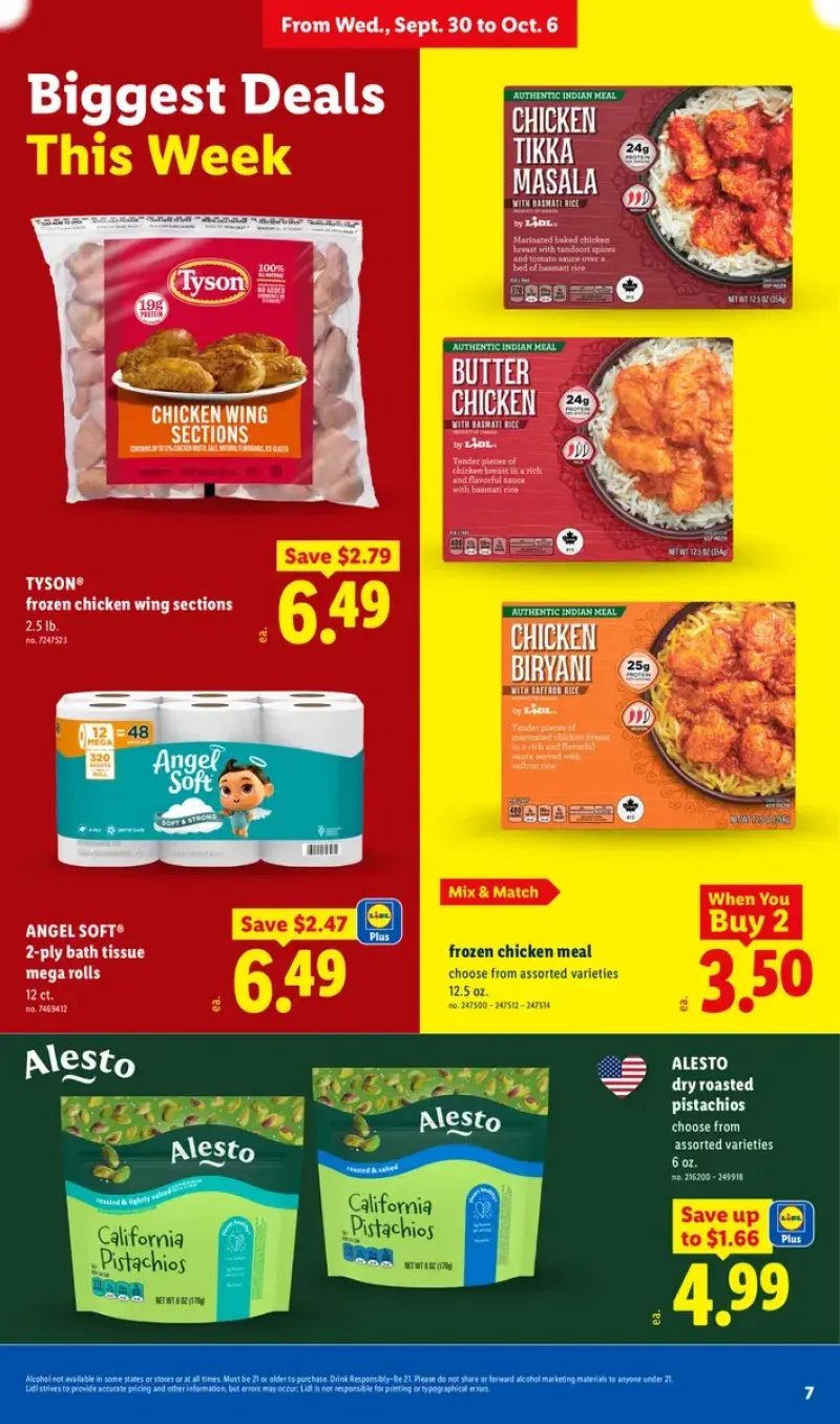 Mix and match grocery deals on frozen chicken meals, bath tissue, chicken wing sections, and dry roasted pistachios.