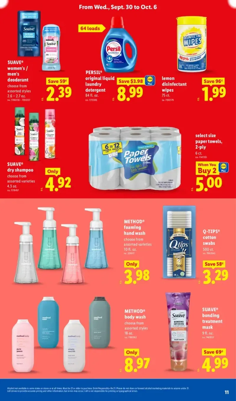 Household and personal care deals featuring bacon, kielbasa, paper towels, Suave dry shampoo, Method body wash, and Persil laundry detergent.