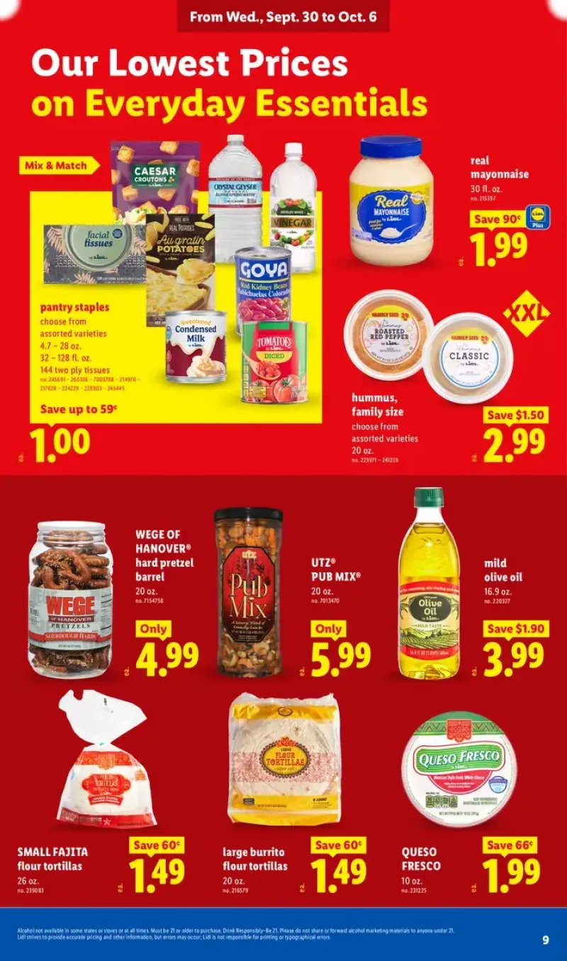 Everyday pantry essentials and family-size frozen items including breaded chicken nuggets, tissues, hummus, pretzels, and flour tortillas.