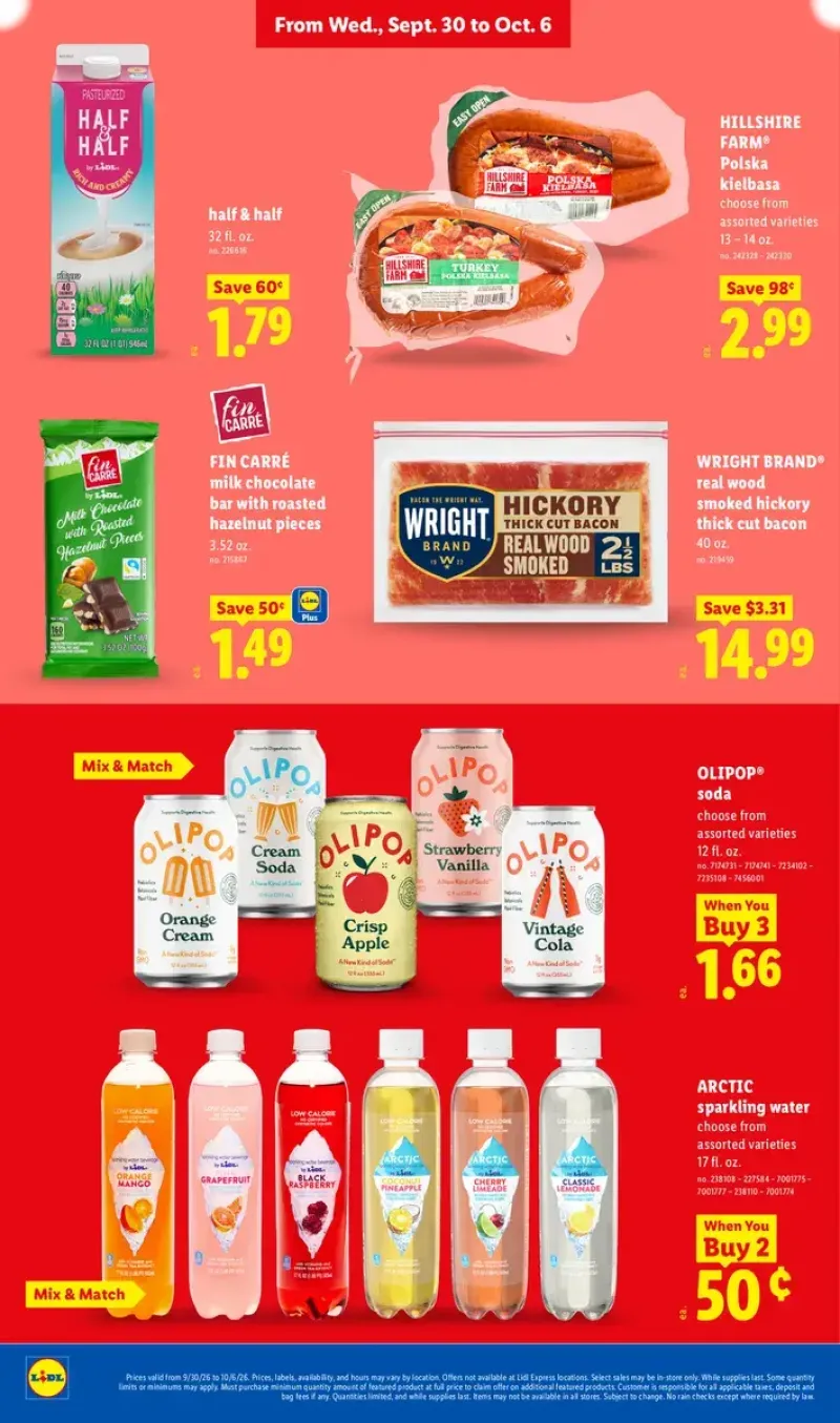 Grocery savings on Wright Brand thick-cut bacon, Hillshire Farm kielbasa, Olipop soda, and Fin Carré milk chocolate bars.