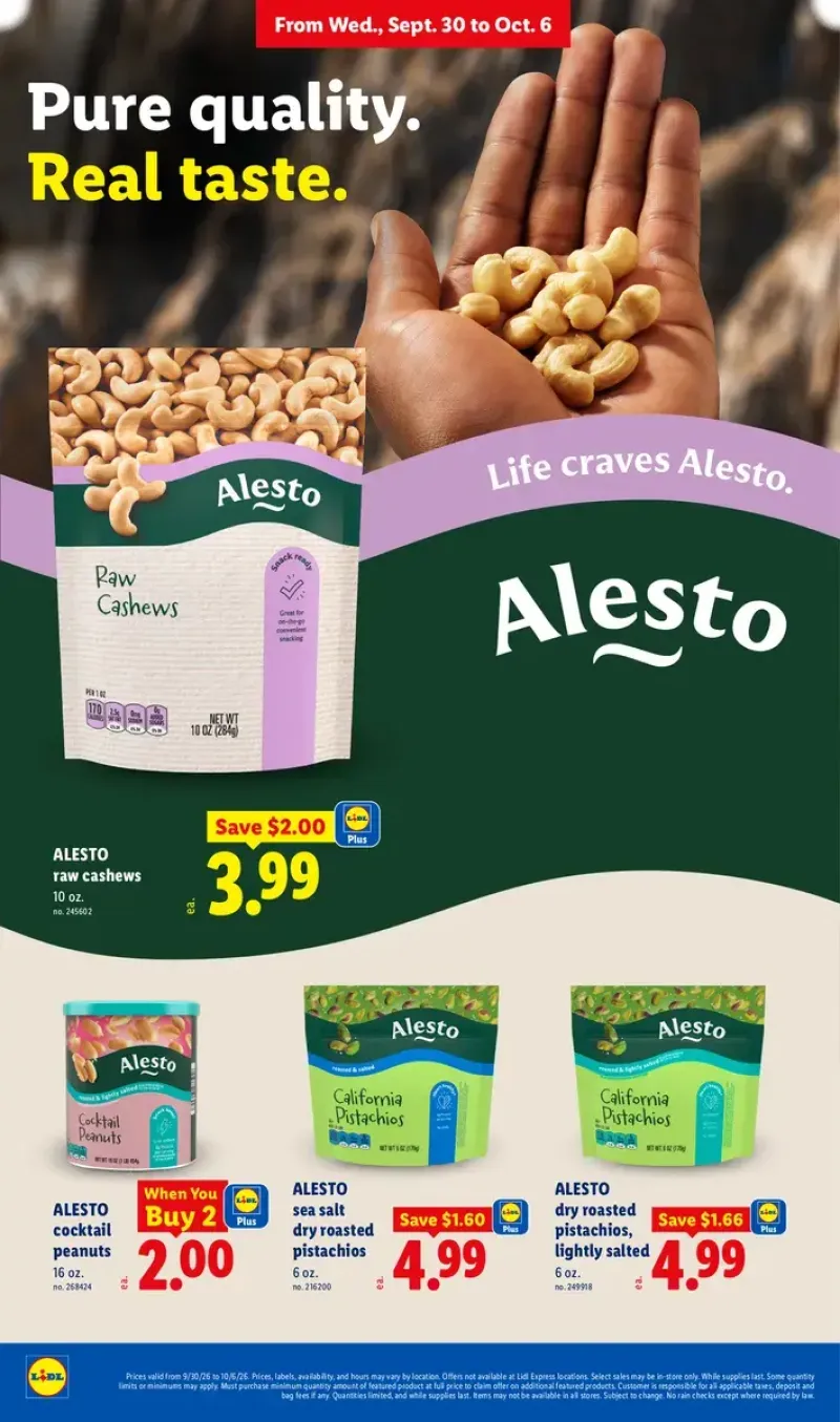 Snack deals on Alesto raw cashews, cocktail peanuts, and dry roasted pistachios.