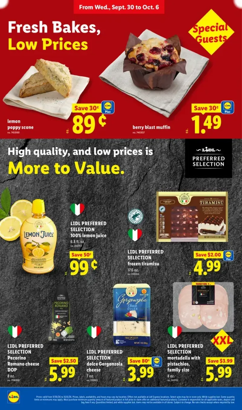 Bakery and deli specials including lemon poppy scones, berry muffins, frozen tiramisu, and imported Italian cheeses.
