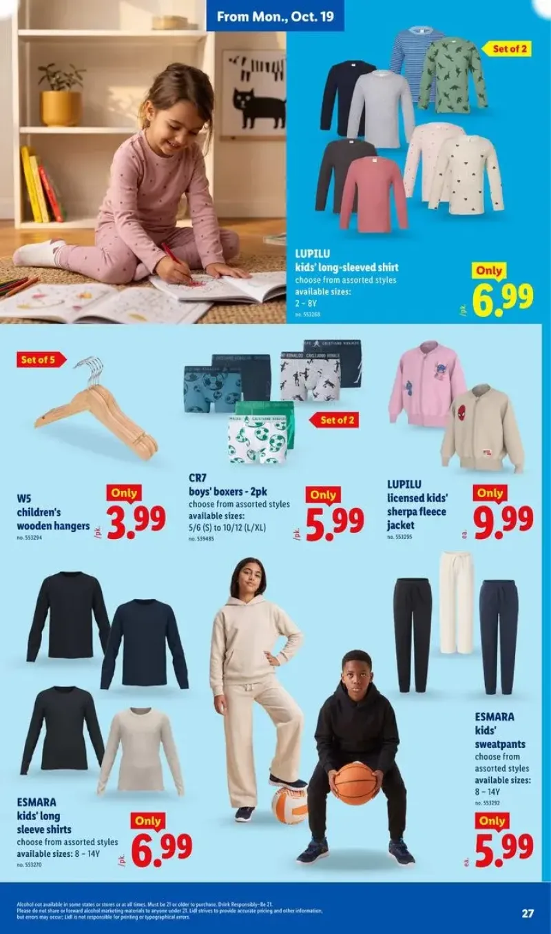 Children's apparel deals featuring Esmara kids' long-sleeve shirts, sweatpants, boys' boxers, and licensed sherpa fleece jackets.