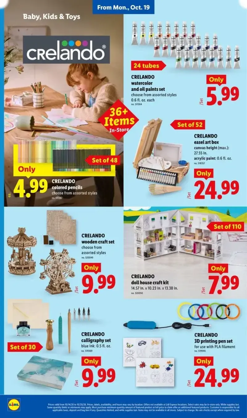 Arts and crafts supplies featuring Crelando watercolor and oil paints, easel art boxes, canvases, and acrylic paint sets.