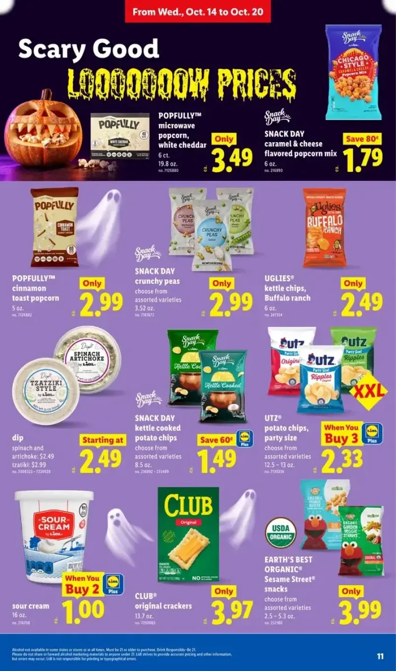 Snack deals featuring caramel and cheese popcorn mix, crunchy peas, spinach artichoke dip, kettle chips, and crackers.