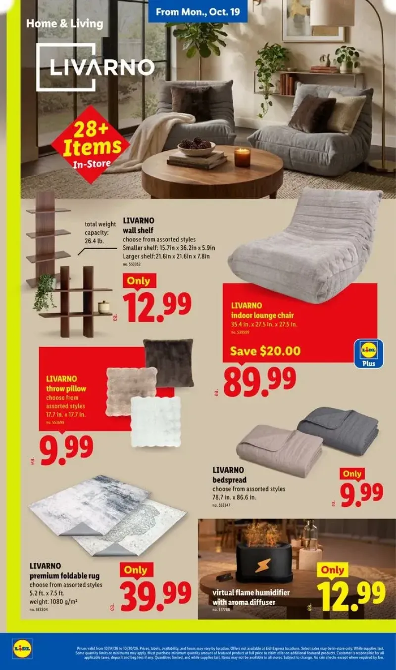Home and living deals featuring foldable rugs, bedspreads, wall shelves, lounge chairs, and virtual flame humidifiers.