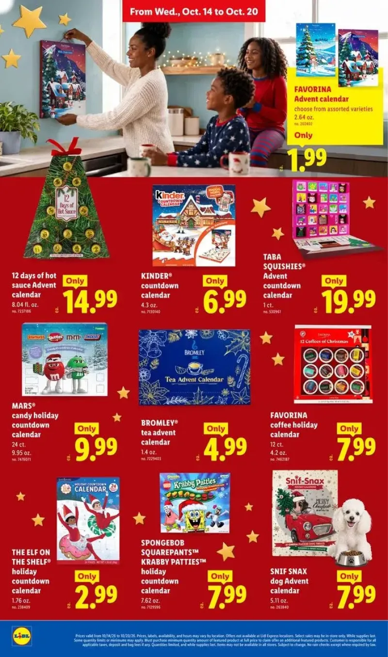 Holiday countdown and advent calendars featuring SpongeBob Krabby Patties, Kinder, dog treats, tea, and hot sauce.