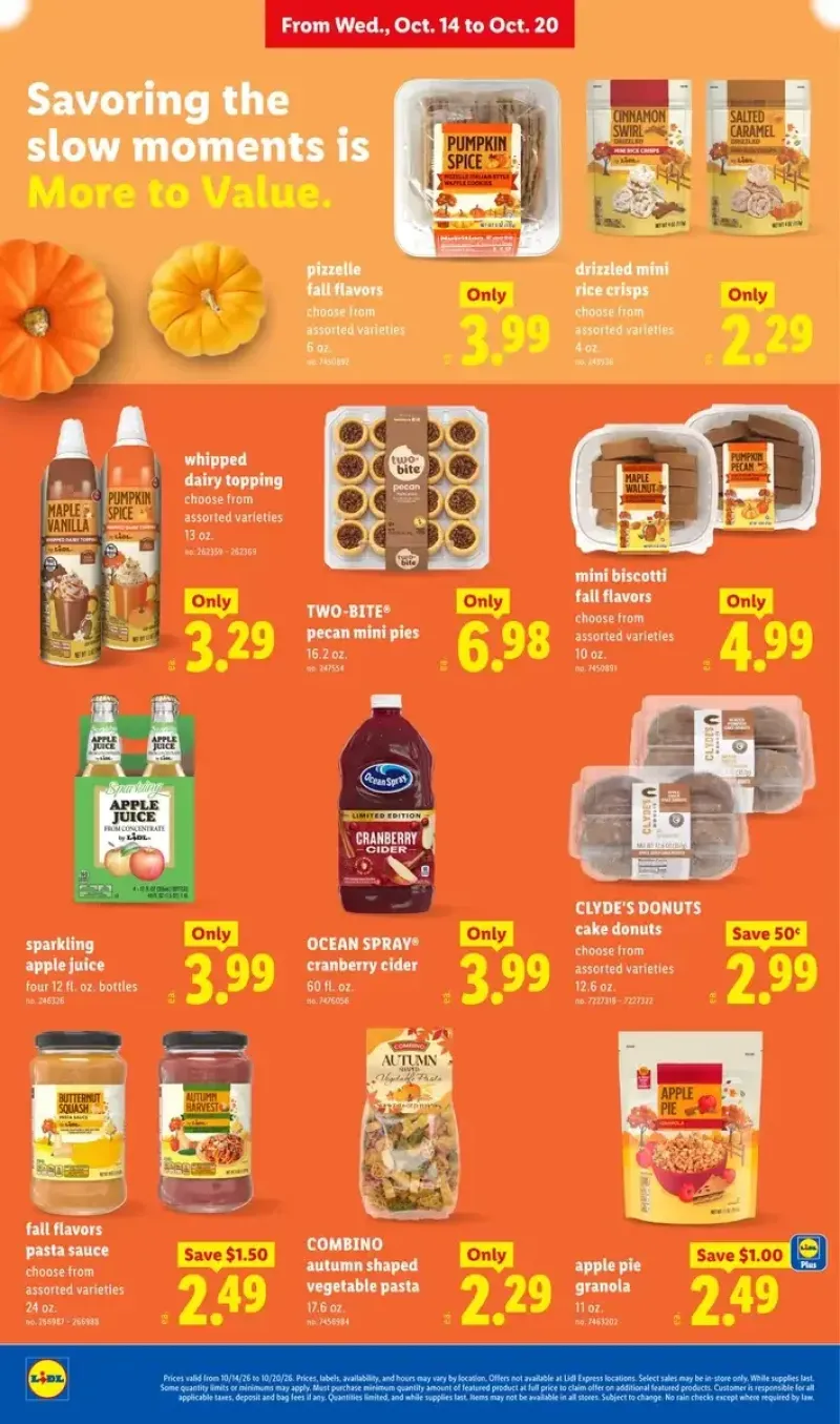 Fall-themed grocery items including mini rice crisps, sparkling apple juice, autumn-shaped pasta, apple pie granola, and pecan pies.