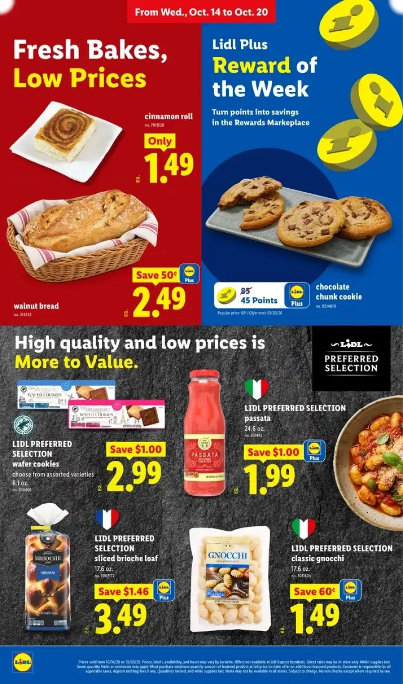 Bakery and pantry specials featuring walnut bread, cinnamon rolls, wafer cookies, passata, brioche, and gnocchi.