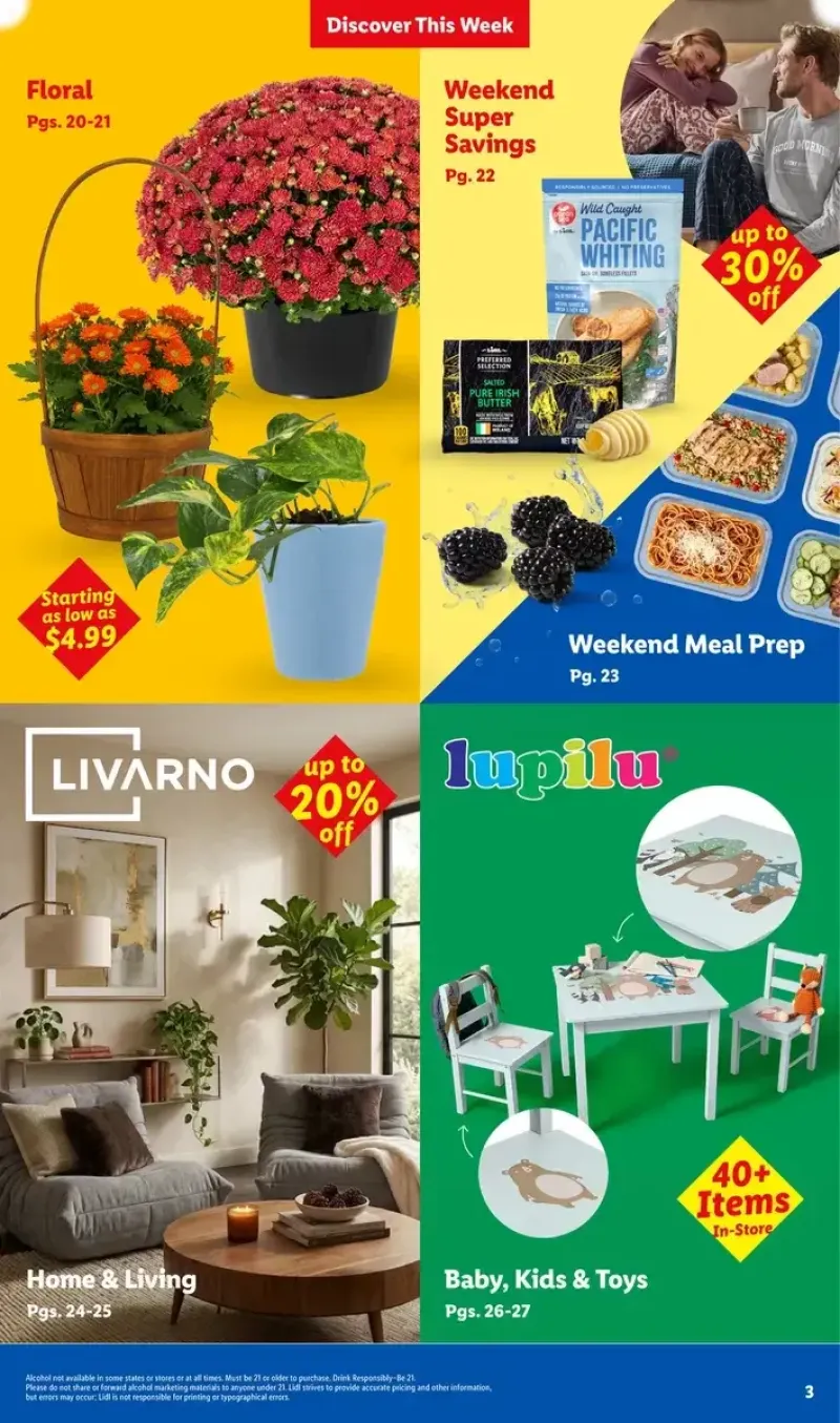 Lidl weekly ad table of contents highlighting floral, weekend savings, baby and kids' toys, home living, and meal prep.