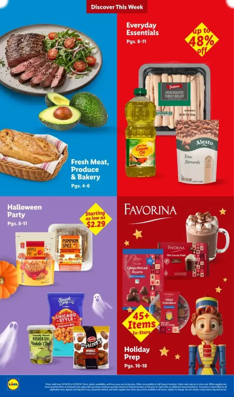 Lidl weekly ad table of contents highlighting holiday prep, fresh meat, produce, bakery, and Halloween party essentials.